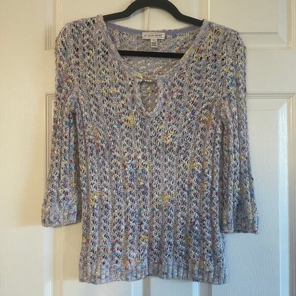 ST JOHN SPORT Multi-Season Blue Multi Open Knit Pullover Sweater PETITE - Picture 1 of 15